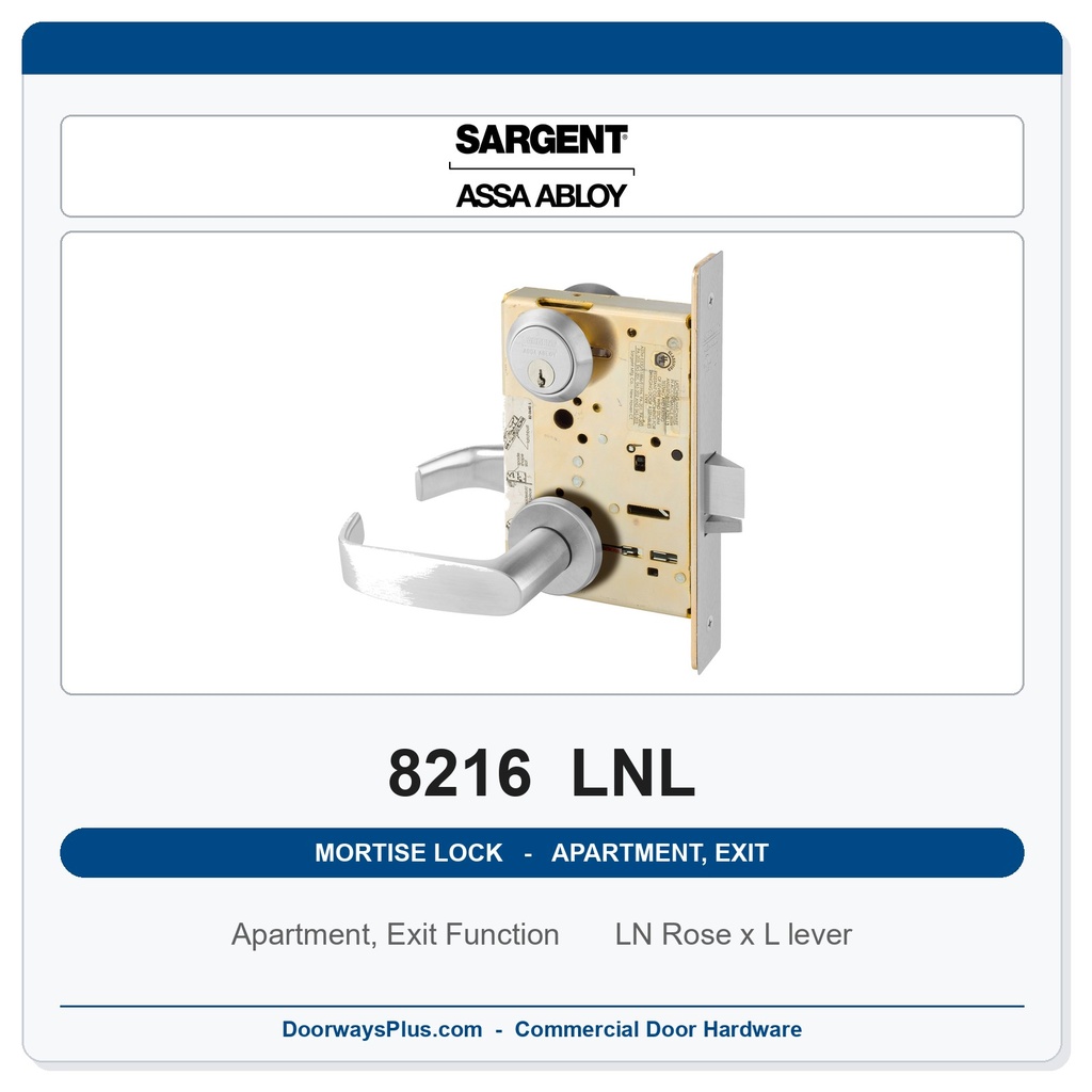 Sargent 8216 LNL Mortise Lock | Apartment/Exit LA Keyway